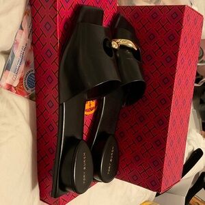Tory Burch Black Leather Slide Mules with Gold Accent